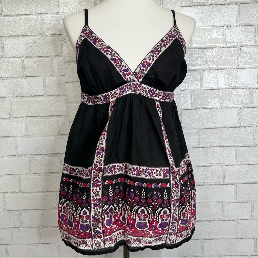 Fun & Flirt fairy core boho gauzy tank top size XL black with floral trim